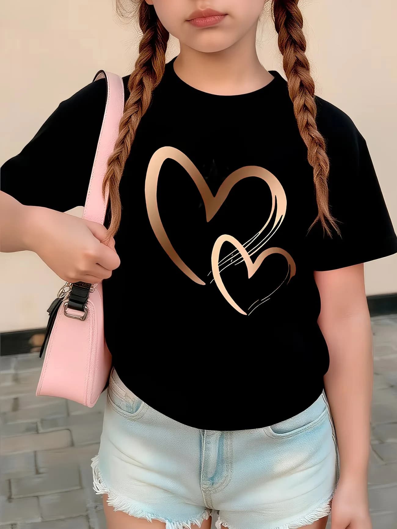 T-shirt Vintage con Design a Cuore per Ragazze, Maglietta Casual Estiva/Primaverile per Bambine