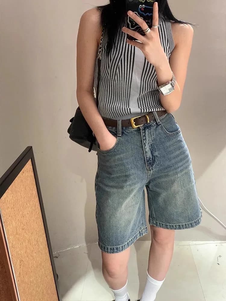 American Style Retro Denim Shorts Women's High Waist Loose Fit Summer New Arrival Slimming Five-Quarter Length Jeans