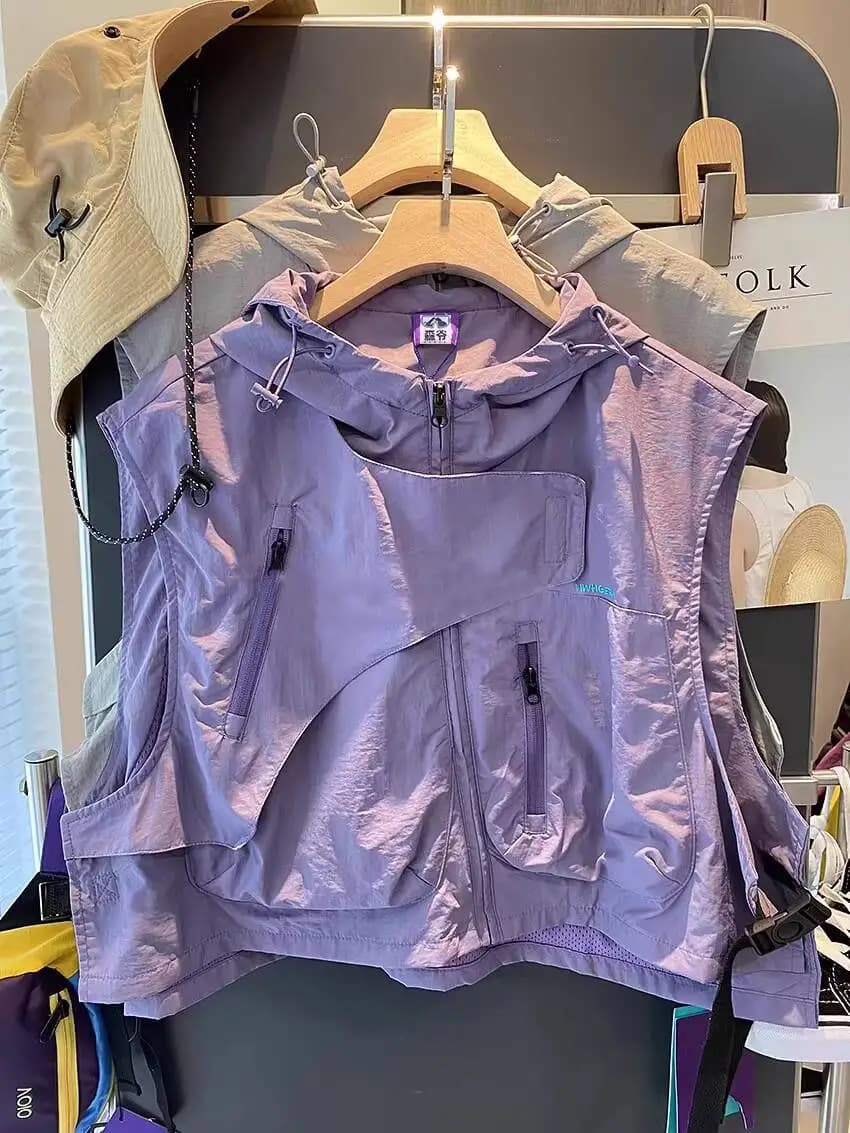 Gilet Multitasche Funzionale Giapponese Primavera 2026 per Uomo e Donna, Gilet Sportivo Senza Maniche con Cappuccio