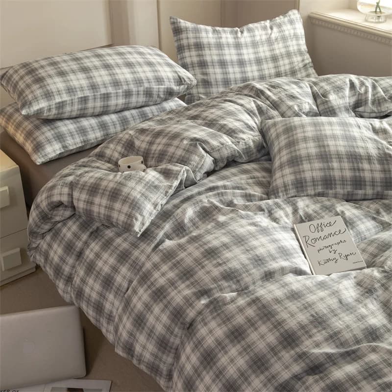 Set biancheria da letto in cotone lavato al 100% a righe scozzesi Set copripiumino morbido delicato sulla pelle Set copripiumino lenzuolo matrimoniale singolo Queen