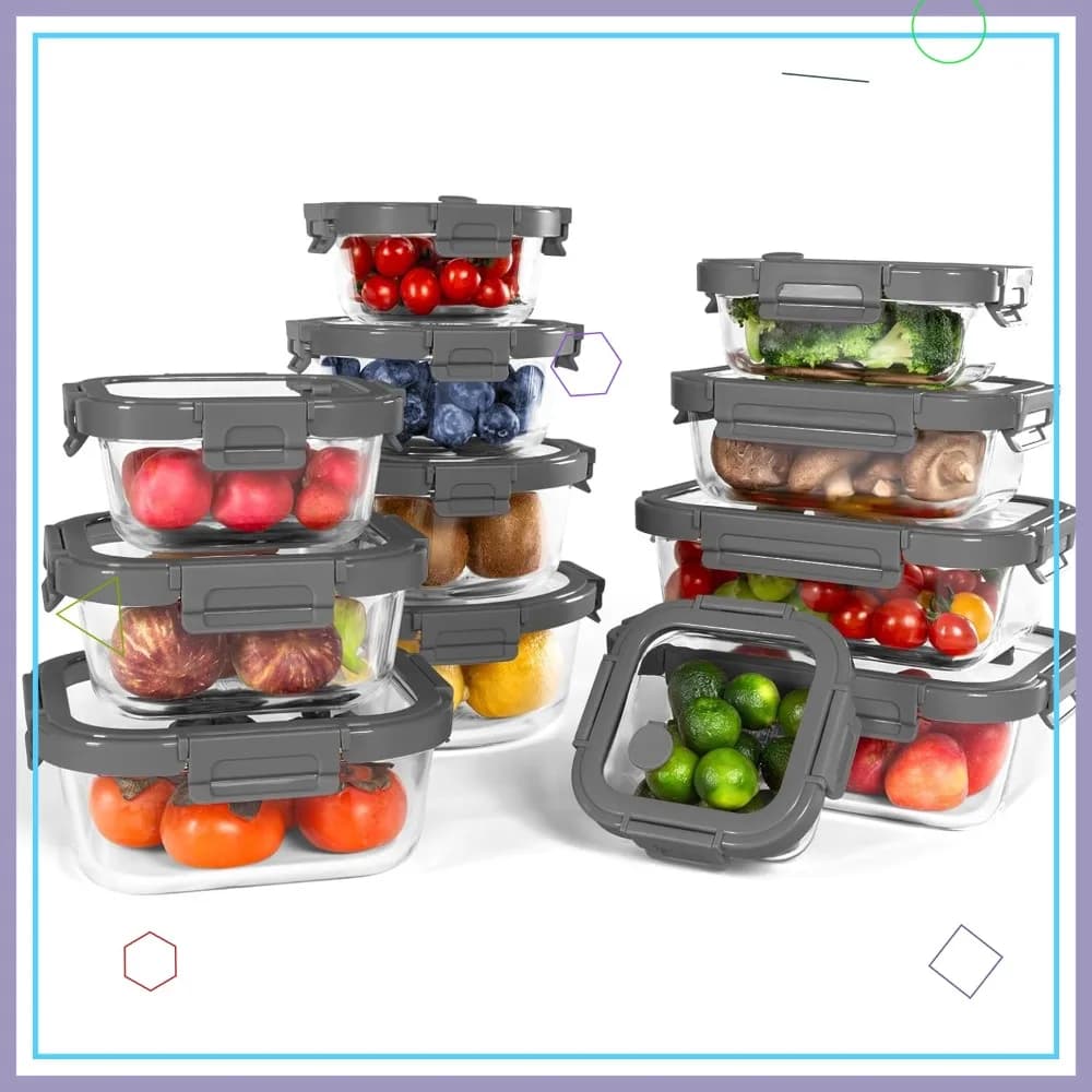 Set di 12 Contenitori in Vetro Borosilicato con Coperchi Temperati, Adatti al Forno, Ermetici, Senza BPA per Preparazione Pasti