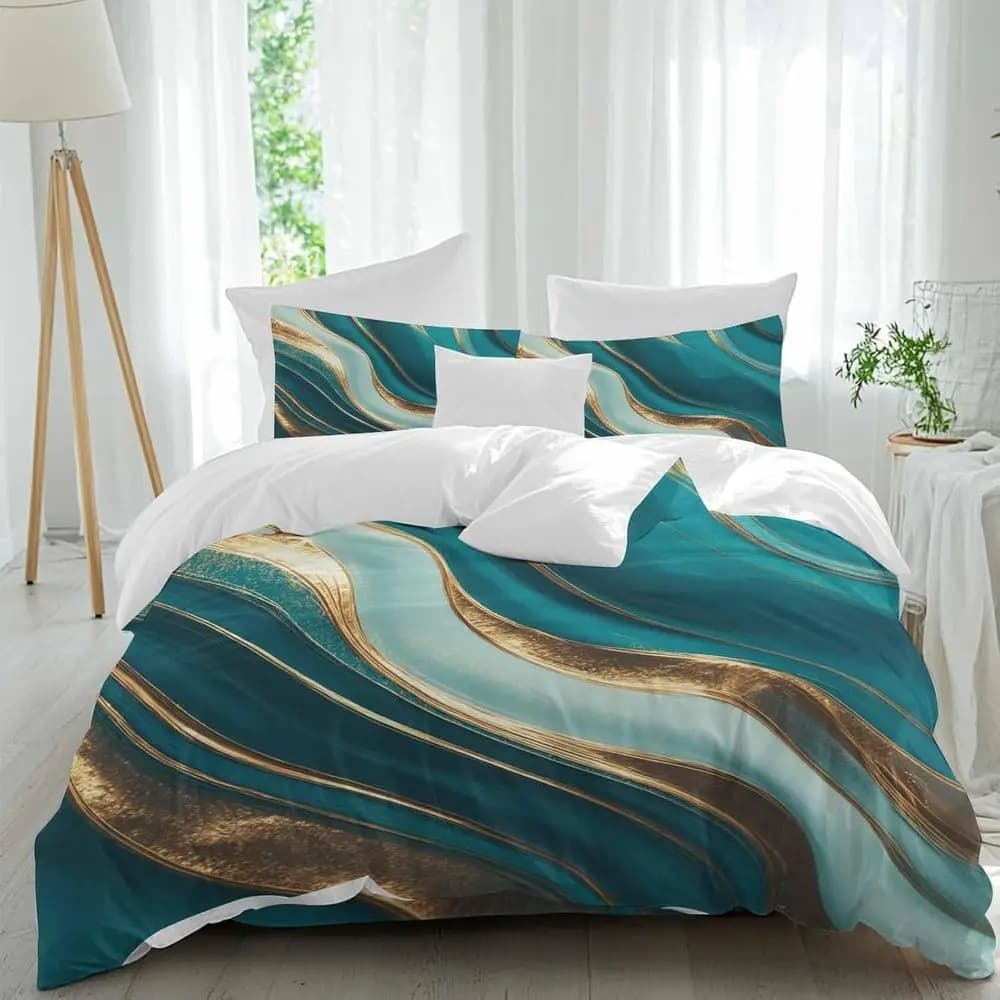 Set di lenzuola in marmo verde con linea dorata, arte astratta, 4 pezzi, set copripiumino traspirante, lenzuola comode per letto