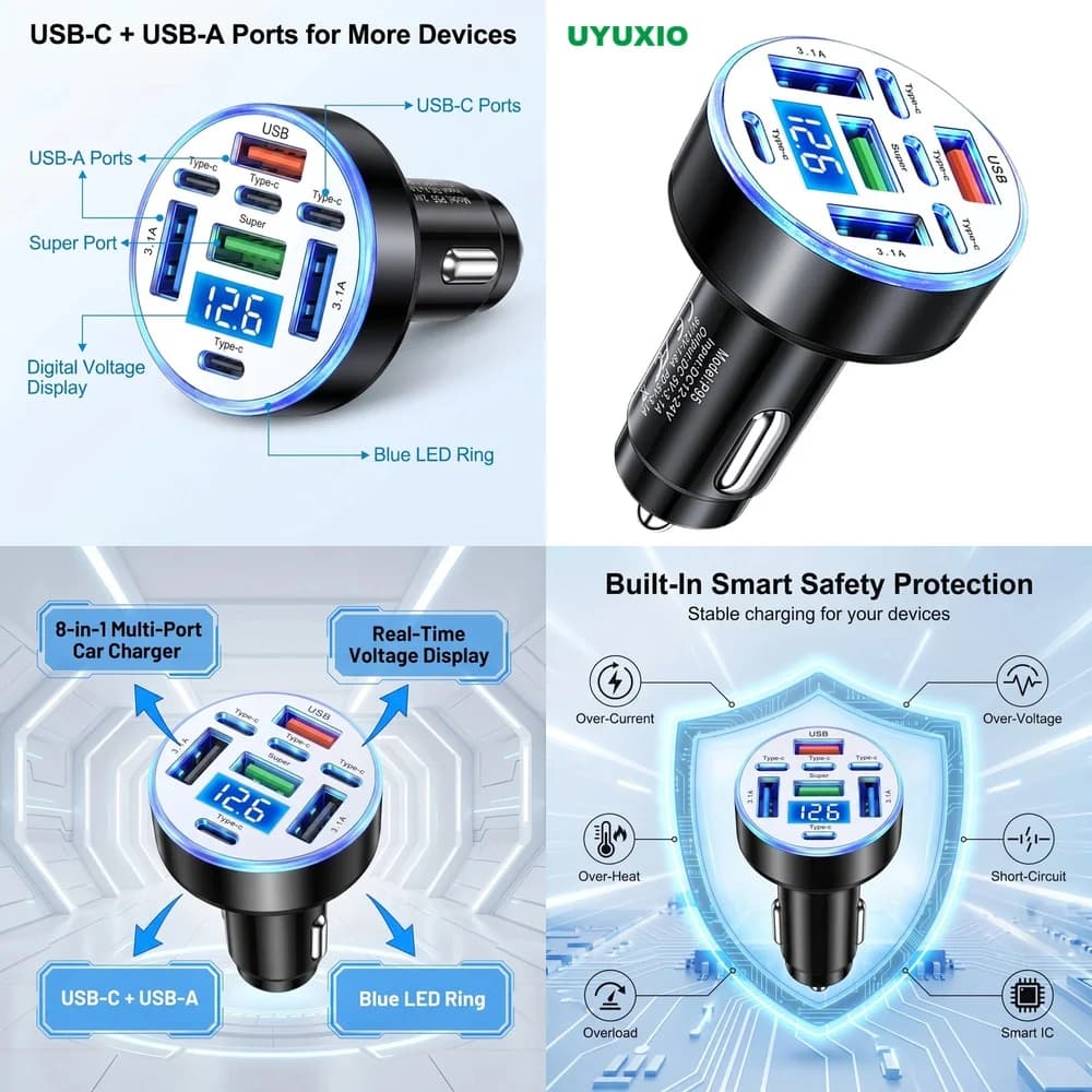 High Power Multi Port 8 in 1 Car Charger for iPhone 16 Pro Max Samsung S26 Ultra iPad with Digital Voltage Display Power