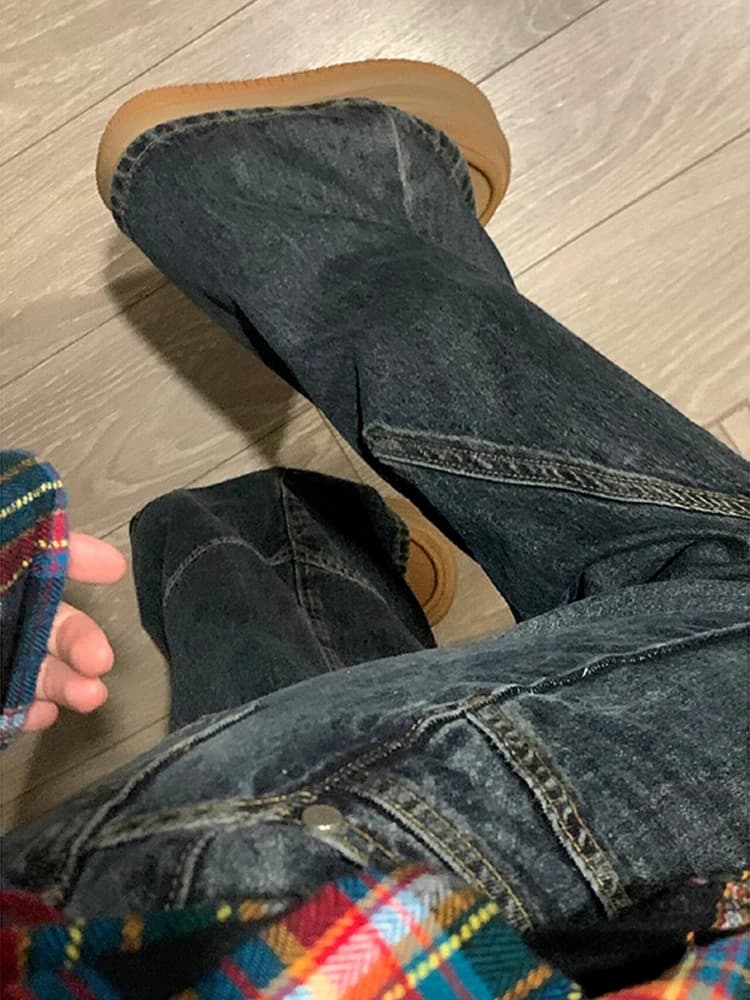 American Retro Blue Patchwork Jeans Loose Straight Cleanfit Men's Design Sensation Micro Flare Long Trousers Youth Trend