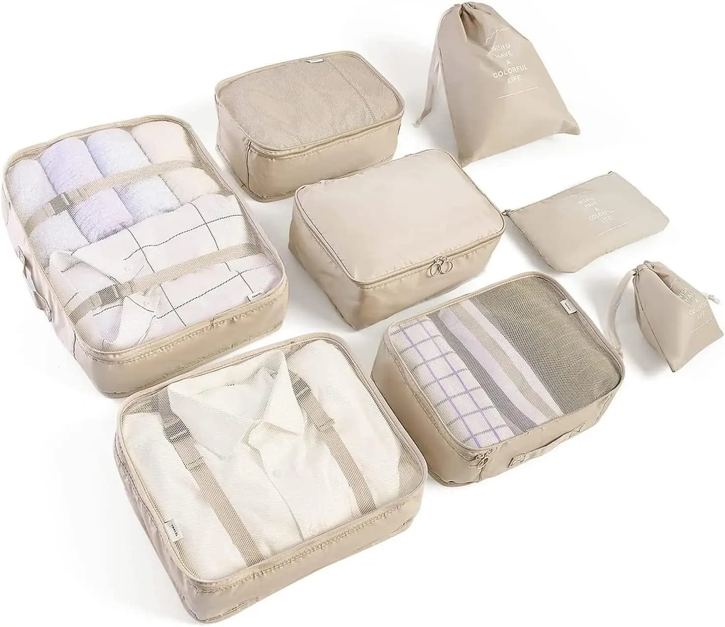 Set di 8 Cubi Organizzatori per Valigie, Accessori da Viaggio Essenziali, Organizzatore per Bagagli con Sacca per Scarpe/Articoli da Toeletta/Lavanderia