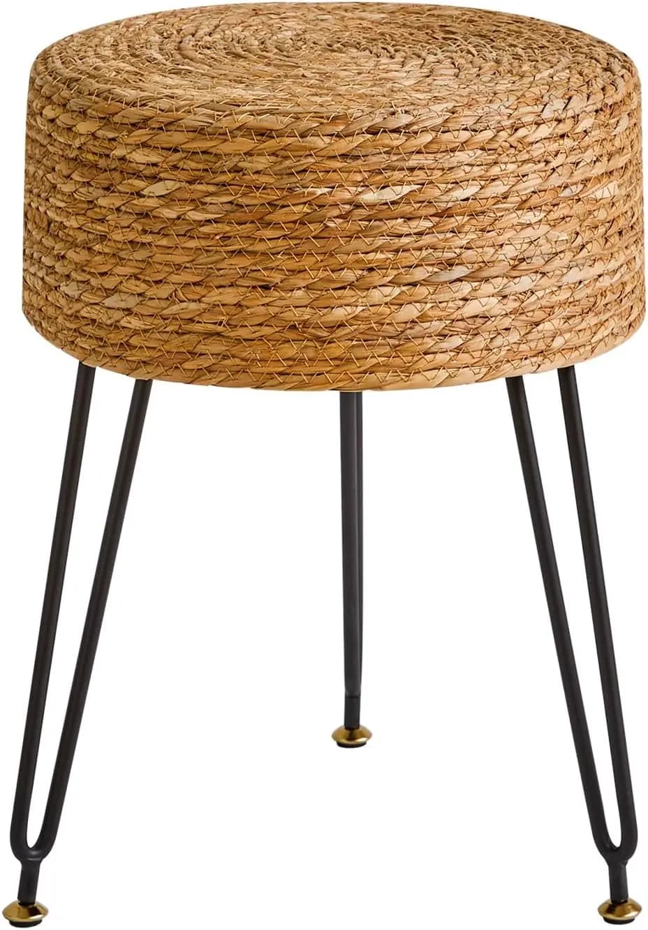 Pouf Ottoman YMYNY, Realizzato a Mano in Giacinto d'Acqua Naturale, Poggiapiedi in Stile Pastorale, Sgabello Rotondo con 4 Gambe in Metallo per