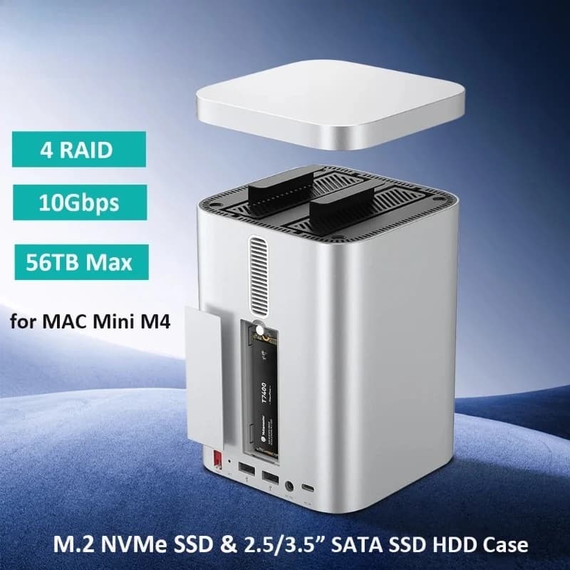 10Gbps M.2 NVMe SSD Case HDD 2 Bay RAID 2.5/3.5 inch HD Enclosure Docking Station USB Hub for Mac mini M4 Up to 56TB
