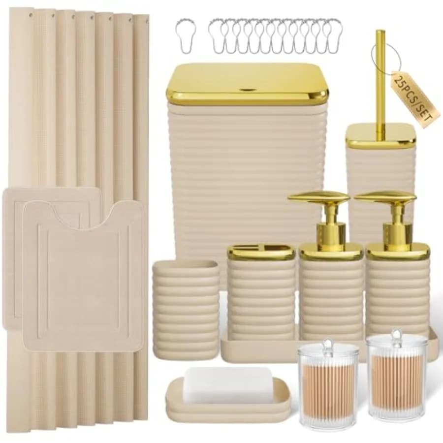 Set da Bagno - Set da 25 Pezzi con Tenda Doccia e Tappeti, Set da Bagno Beige, Set Accessori Bagno, Set Accessori Bagno di Lusso