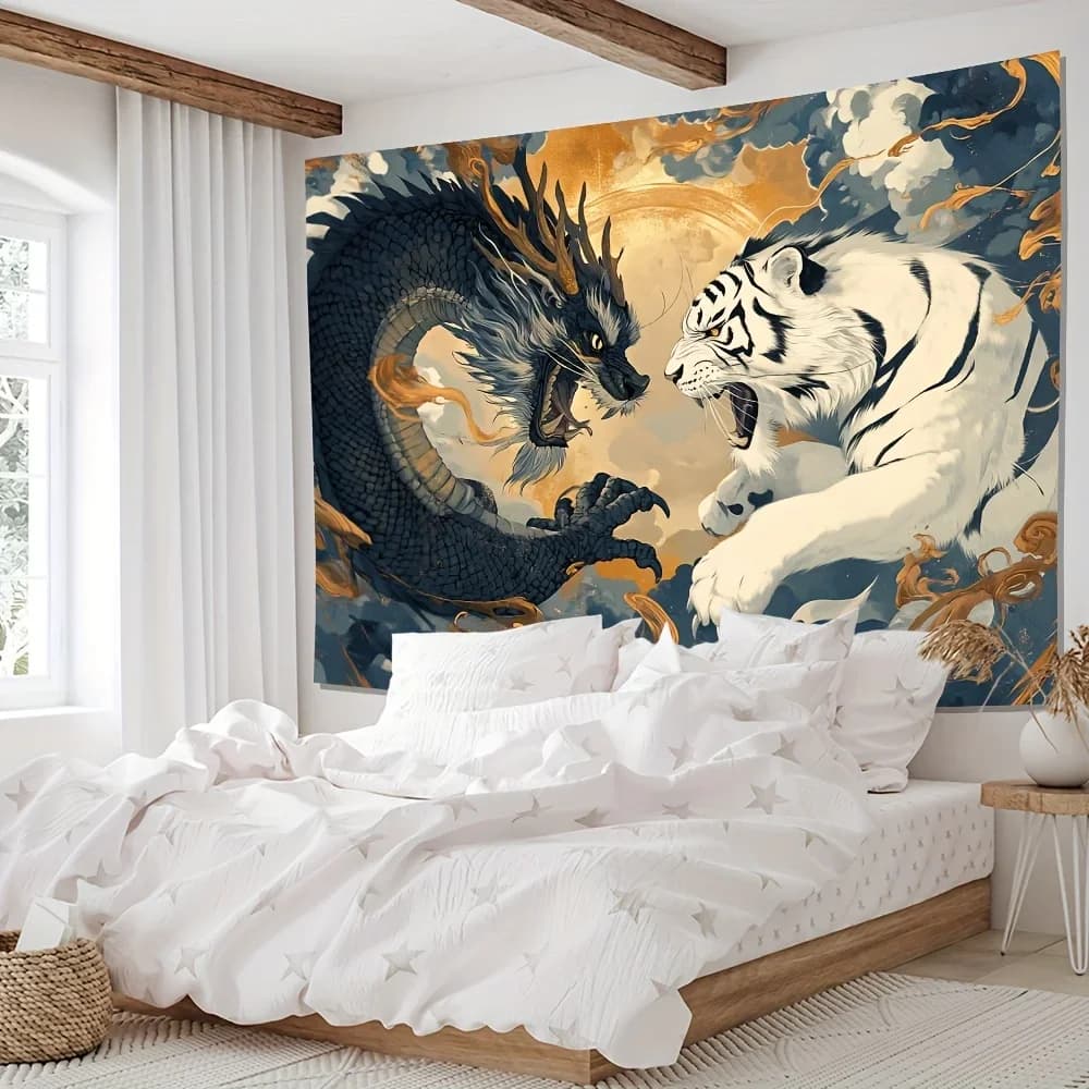 Dragon vs Tiger Tapestry - Mythical Clash, Dramatic Clouds & Intense Battle for Bold and Powerful Home Decor Wall Art