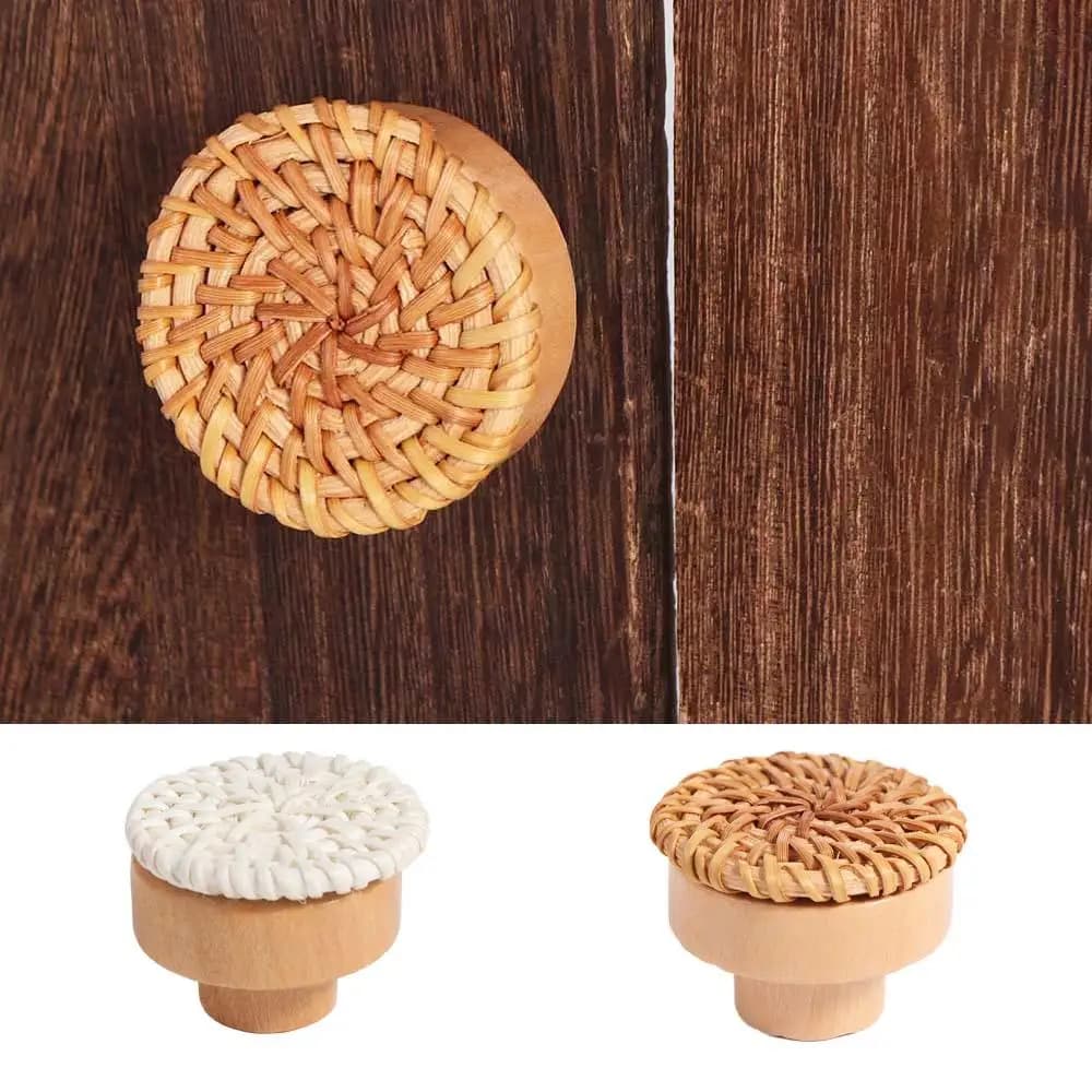 Maniglie per ante di armadi, maniglie in legno, pomelli per cassetti in rattan intrecciato, maniglie rotonde color legno per ante di armadi e guardaroba, per la casa