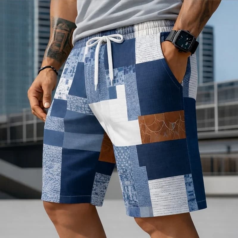 Costume da bagno da uomo alla moda con stampa patchwork a quadri, pantaloncini leggeri stampati in 3D, pantaloncini estivi da surf hawaiano, pantaloncini da spiaggia