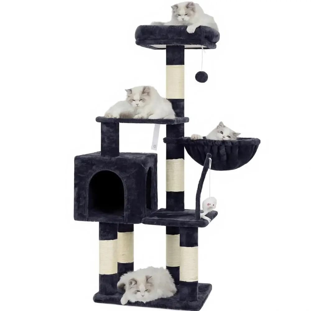 Albero per Gatti da Interno con Giocattolo, Torre con Cuccia, Posatoio Imbottito, Amaca e Tiragraffi, Grigio Fumo