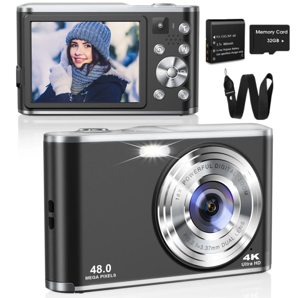Fotocamera digitale con doppia lente anteriore e posteriore con messa a fuoco automatica 4K, fotocamera selfie, fotocamera frontale per studenti, zoom efficiente 16x