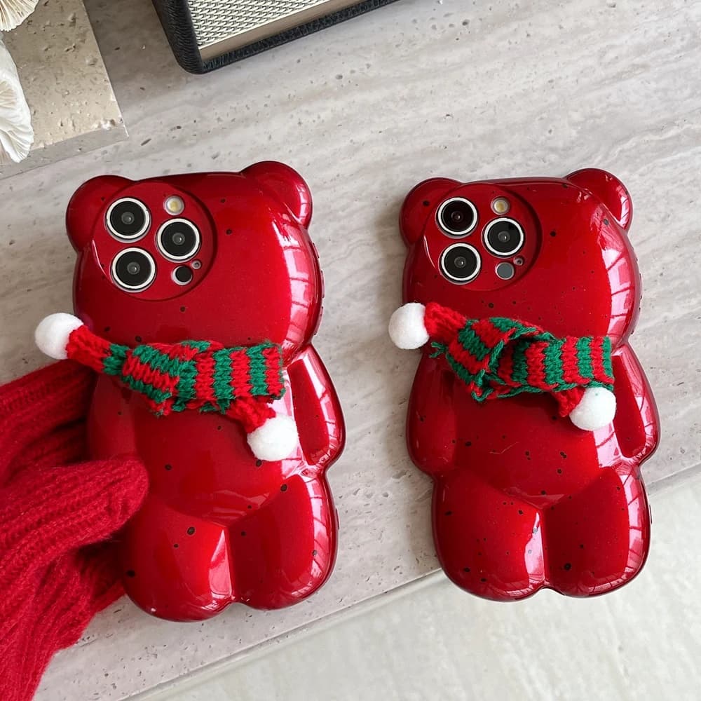Buon Natale 3D Simpatico orso a forma di sciarpa invernale Custodia per telefono per iPhone 12 13 14 15 16 Pro Max Rosso Capodanno Copertina morbida Regali di Natale