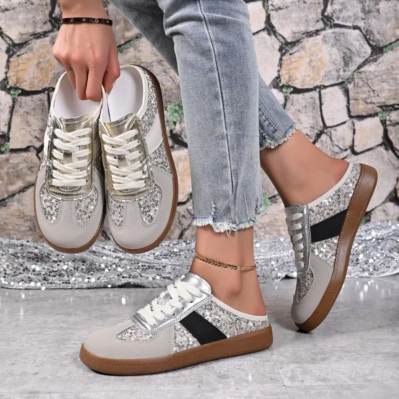 Nuove Ciabatte Vintage 2026 con Punta Chiusa per Donna, Scarpe Estive Piatte da Esterno con Paillettes, Slip-On Comode