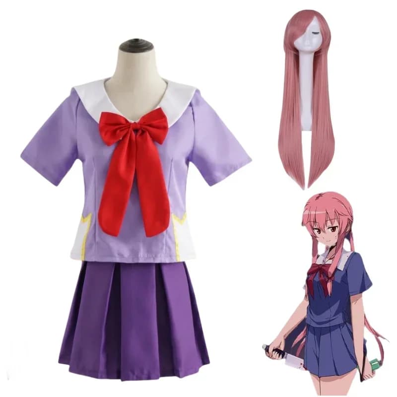 Costume Cosplay di Gasai Yuno dall'Anime Future Diary (Mirai Nikki), Uniforme Scolastica con Fiocco, Gonna Corta, Parrucca, Completo per Halloween