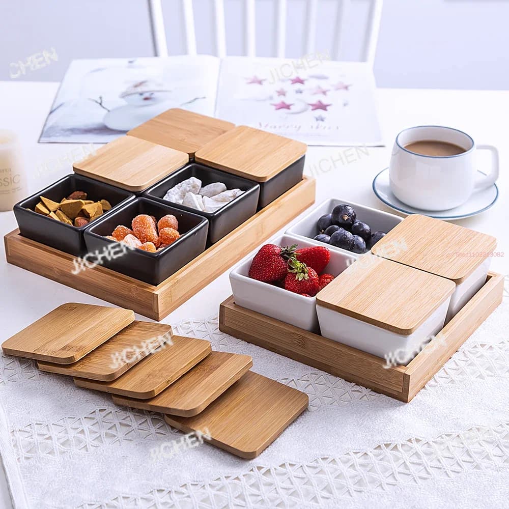 JCT Pallet in legno Ciotola per snack Piatto in stile giapponese Dim Sum Ceramica bianca Frutta secca Piatto da dessert per insalata domestica
