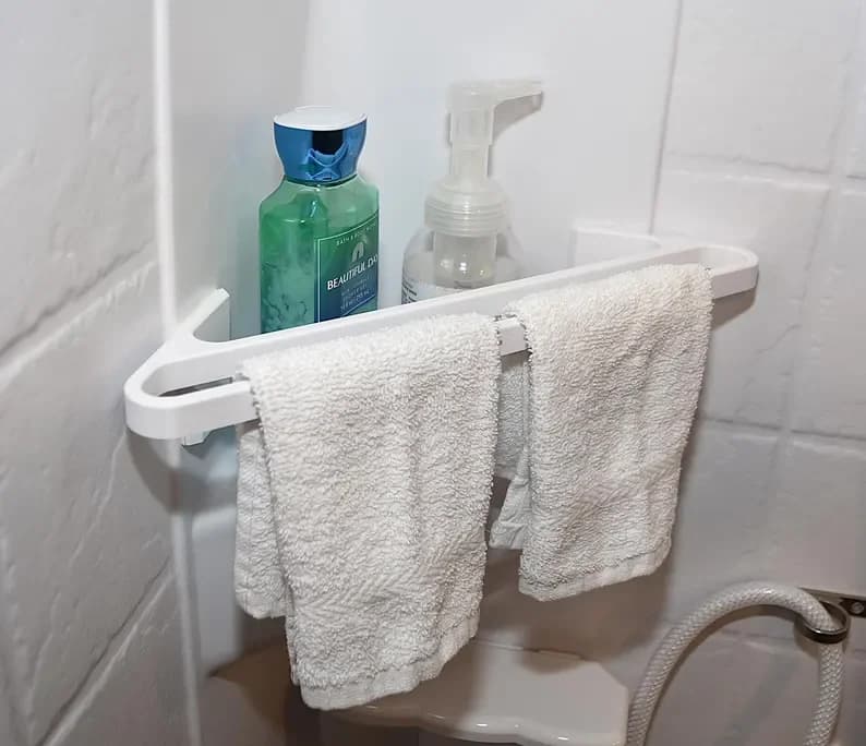 Portasciugamani in plastica perforata Mensola angolare per doccia per camper con doppio portasciugamani per camper, furgone, portasciugamani da bagno