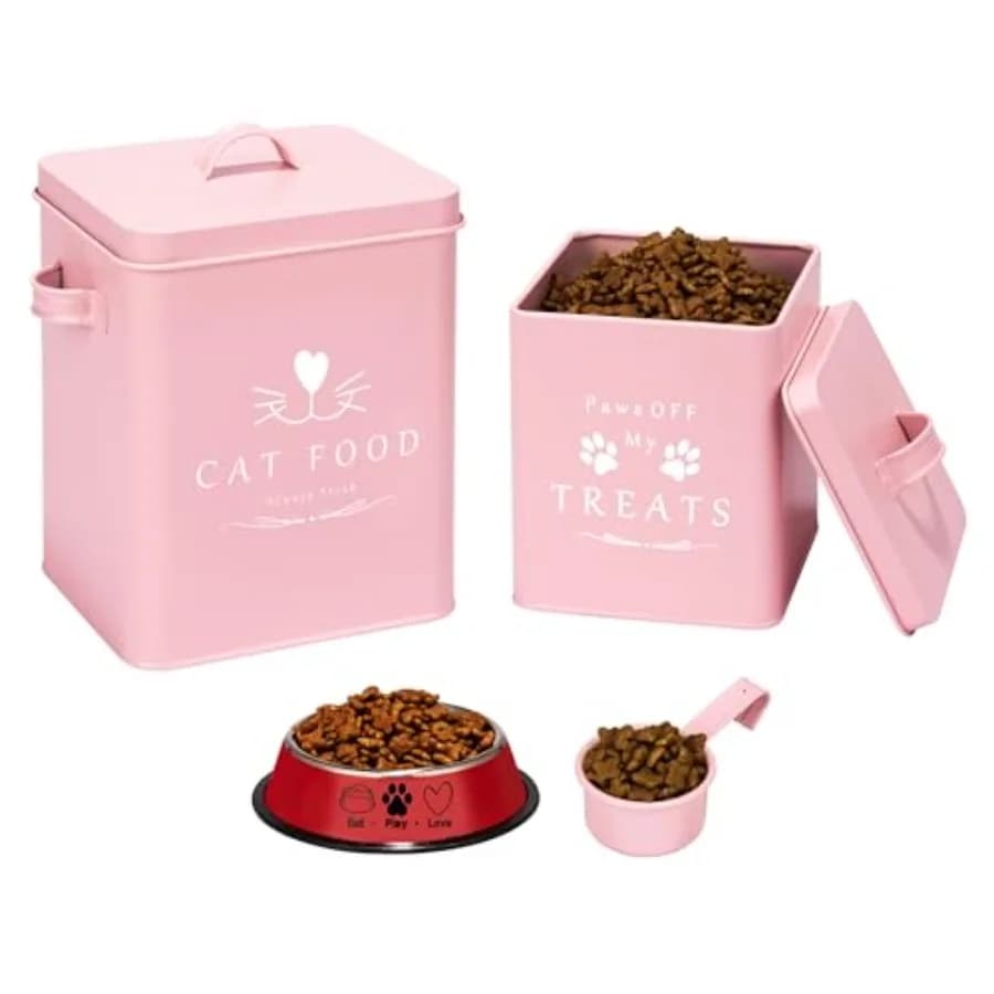 Contenitori per Cibo e Snack per Gatti Stile Fattoria + Paletta per Mangime + Ciotola per Animali Domestici - Coperchi Ermetici - Grande Contenitore in Metallo - Ottimo Regalo per C