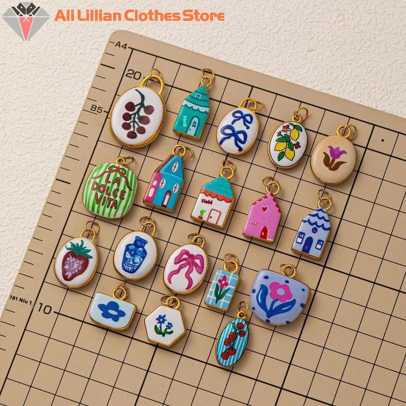 Cute Oval Painted Oil Drop Pendant Fashion Flower House Printing Charm For Jewelry Making Necklace Earring Hanging Accessories