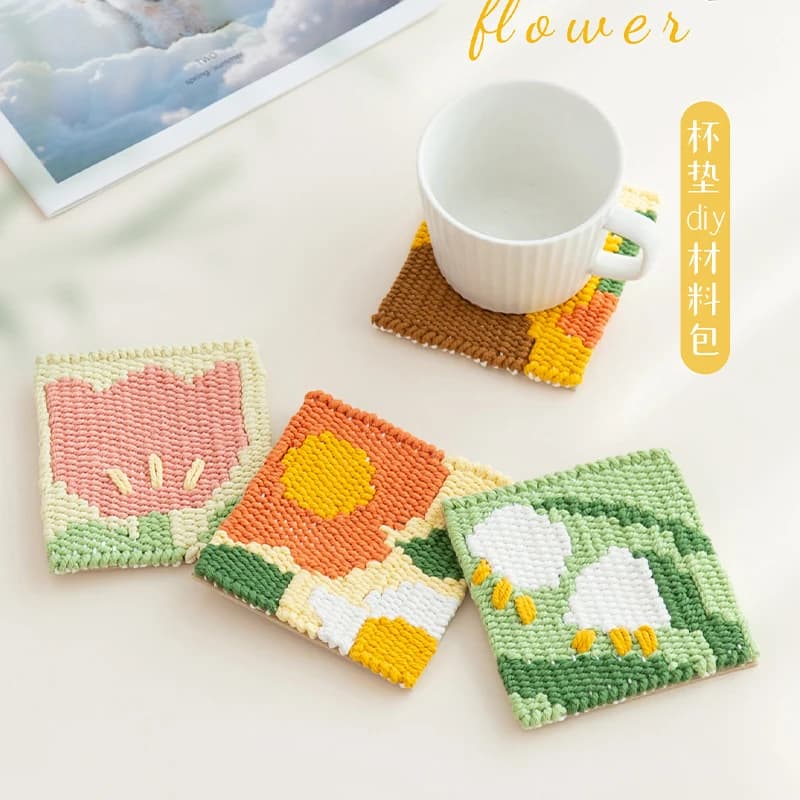 DIY Flower Knitting Crochet Coaster Kit Easy Handmade Weaving Looming Set Fun Relaxing Craft Sewing for Boring Time Birthday Gif