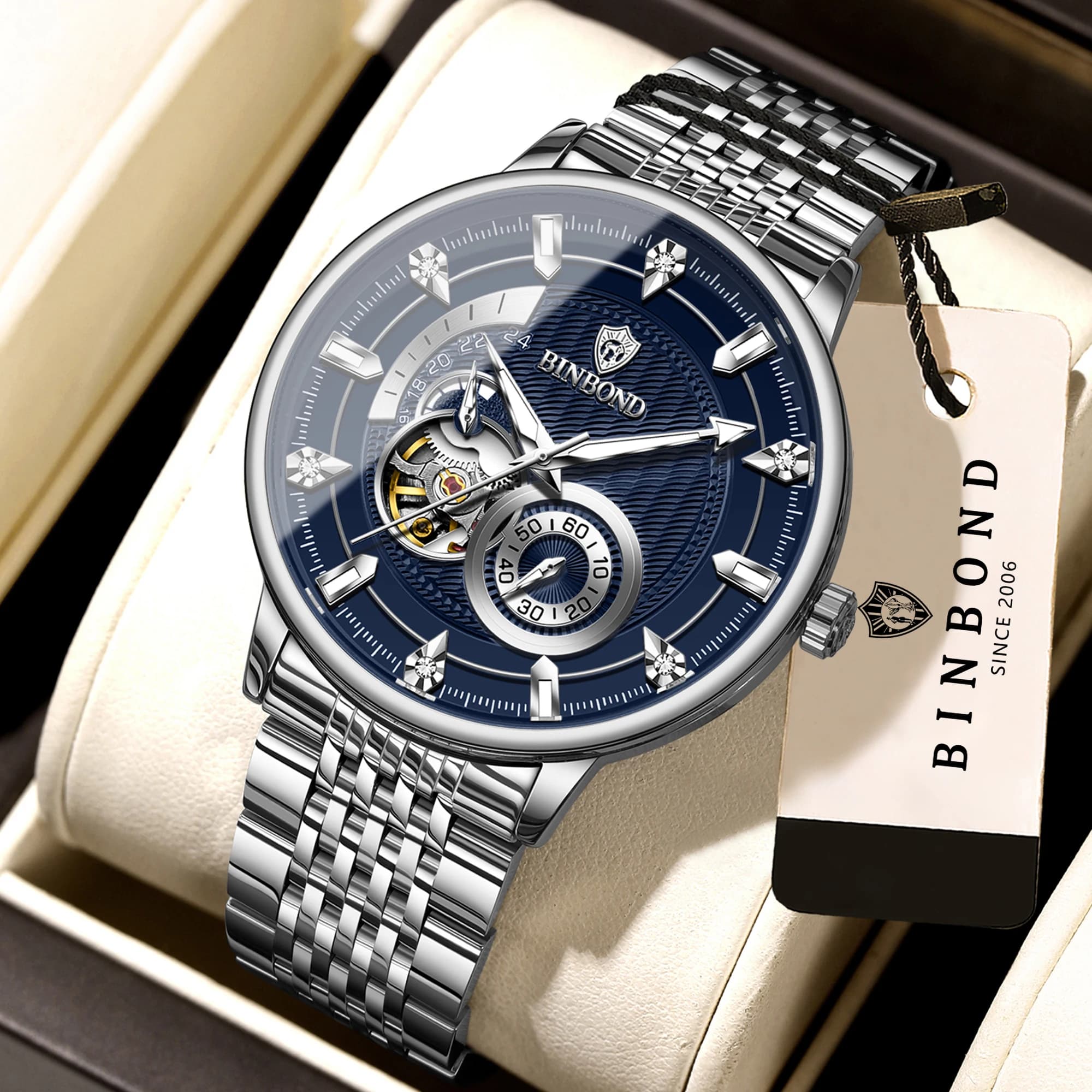 BINBOND automatic tourbillon mechanical wristwatches for men luxury luminous waterproof men's watch hollow business reloj