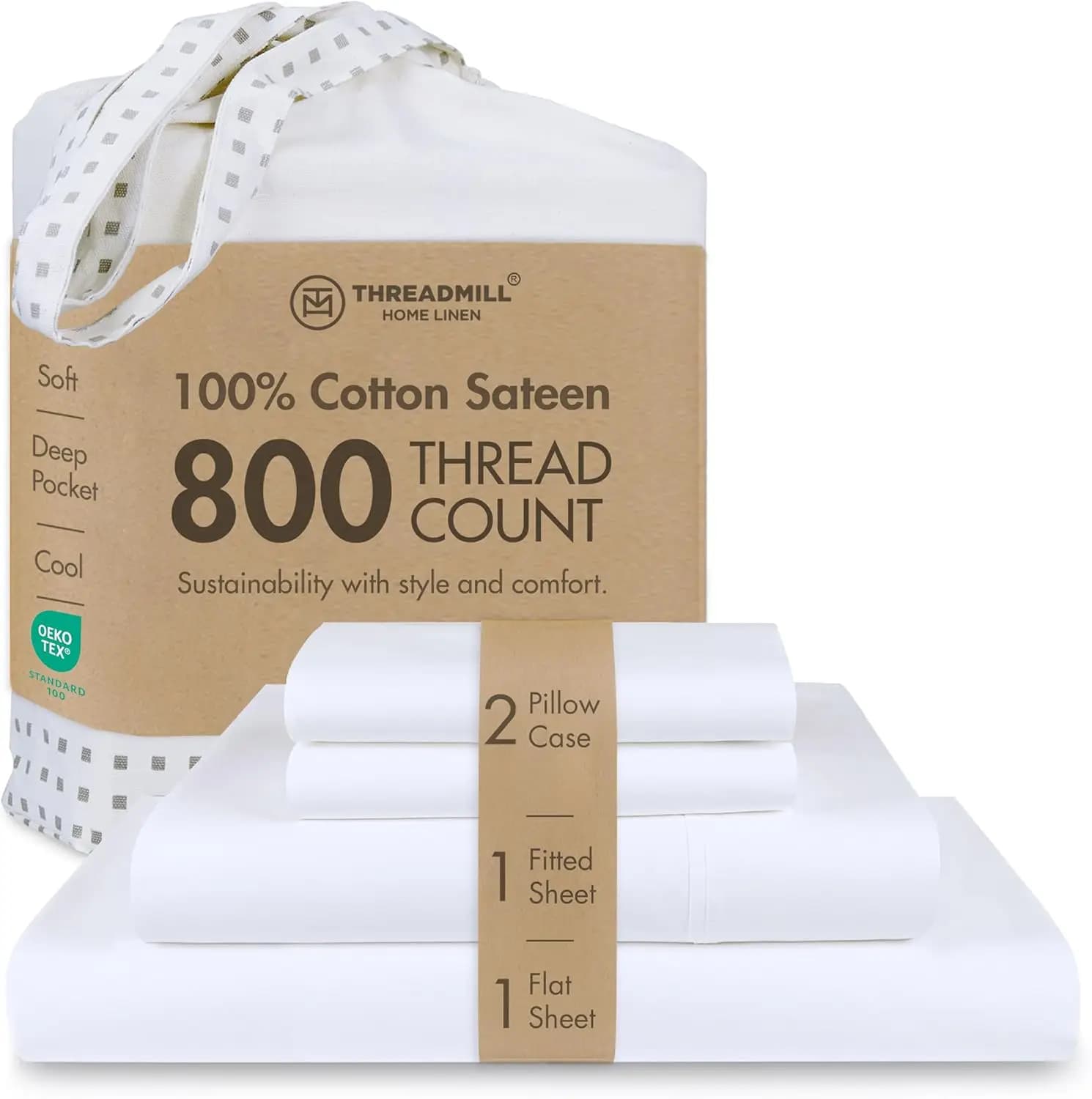 Set di Lenzuola di Lusso in Cotone 800 Fili, Tessuto Satin Bianco da Hotel, Set da 4 Pezzi per Letti con Tasche Profonde
