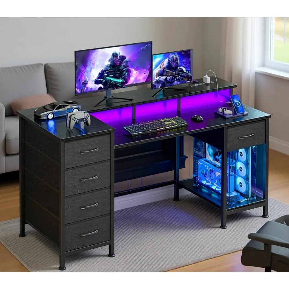 47 Inch Gaming Desk with Power Outlets and LED Lights, Reversible Design, 5 Storage Drawers, Monitor Stand, Black