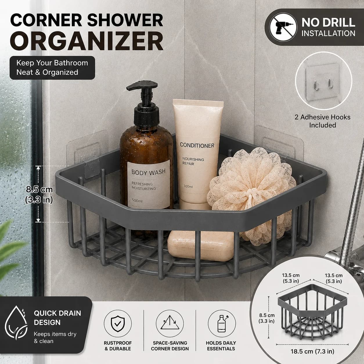 1pc No-Drill Bathroom Organizer Rack, Quick Drain Corner Sponge Holder with 2 Adhesive Hooks, Shower Caddy, Kitchen Sink Storage Shelf, Practical Bathroom Decoration, Bathroom Accessories