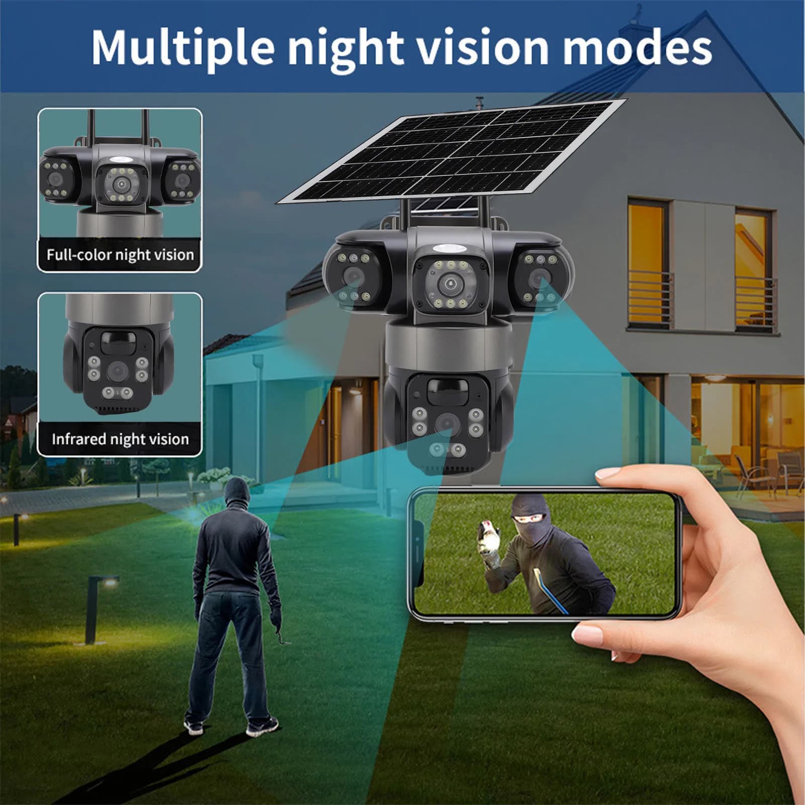 Telecamera di Sicurezza Solare a Tre Lenti con Comunicazione Bidirezionale, Rilevamento del Movimento a Basso Consumo, Telecamera di Sicurezza Solare 4G per Frutteti e Terreni Agricoli