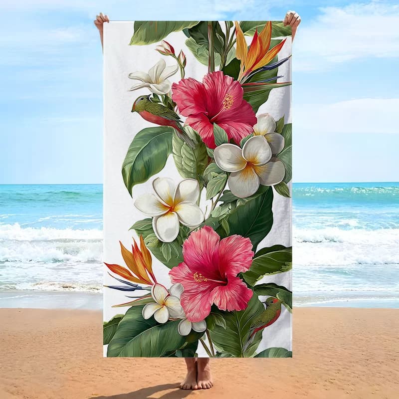 Telo Mare Personalizzato con Stampa Ibisco Tropicale, Plumeria, Fiori e Uccelli, in Microfibra Anti-Sabbia, Asciugatura Rapida, Morbido, da Viaggio e Piscina