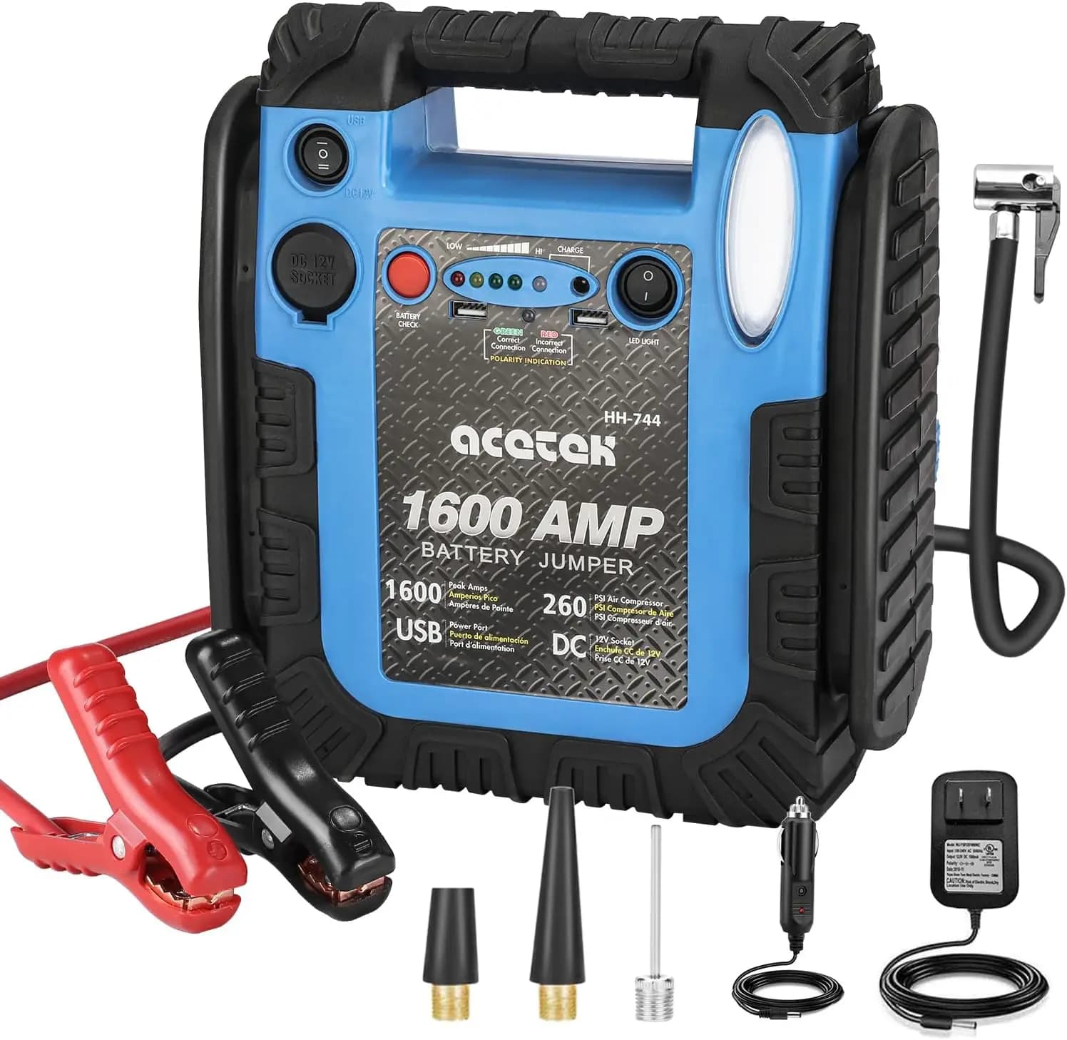 Avviatore di emergenza 1600A 12V con compressore d'aria, luce LED, USB - Motore fino a 6 litri