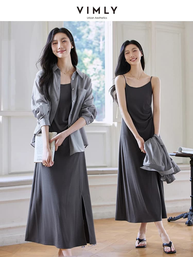 VIMLY Completo Camicia e Abito da Donna per Ufficio, Outfit da Vacanza Primavera Autunno 2026, Semplice Abito a Maniche Lunghe con Camicia e Canotta M9623