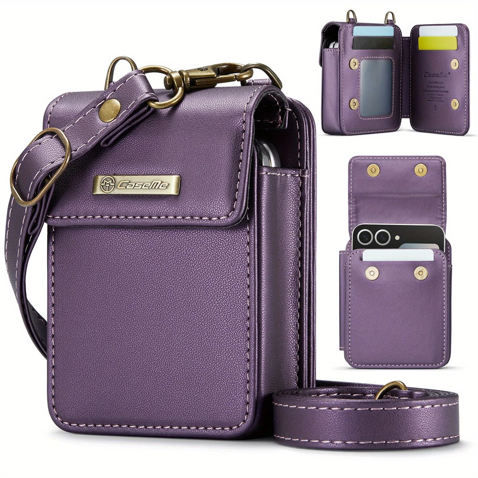Per Samsung Galaxy Z Flip Case a tracolla con slot per porta carte con blocco RFID Chiusura magnetica a vibrazione Mini borsa protettiva Portafoglio