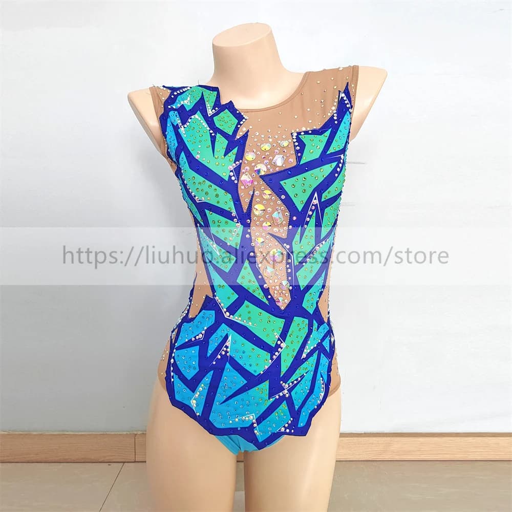 LIUHUO Women Girl Costume Performance Rhythmic Gymnastics Ballet Competition Leotard Ice Figure Skating Dress Blue Teens Adult