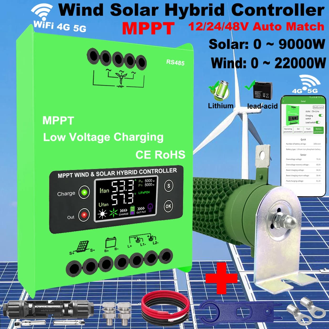 Wind Solar Hybrid System MPPT Charge Controller With Dump Load 0-11000w Wind Turbine 0-8000w Solar Panel 12V 24V 48V Regulator