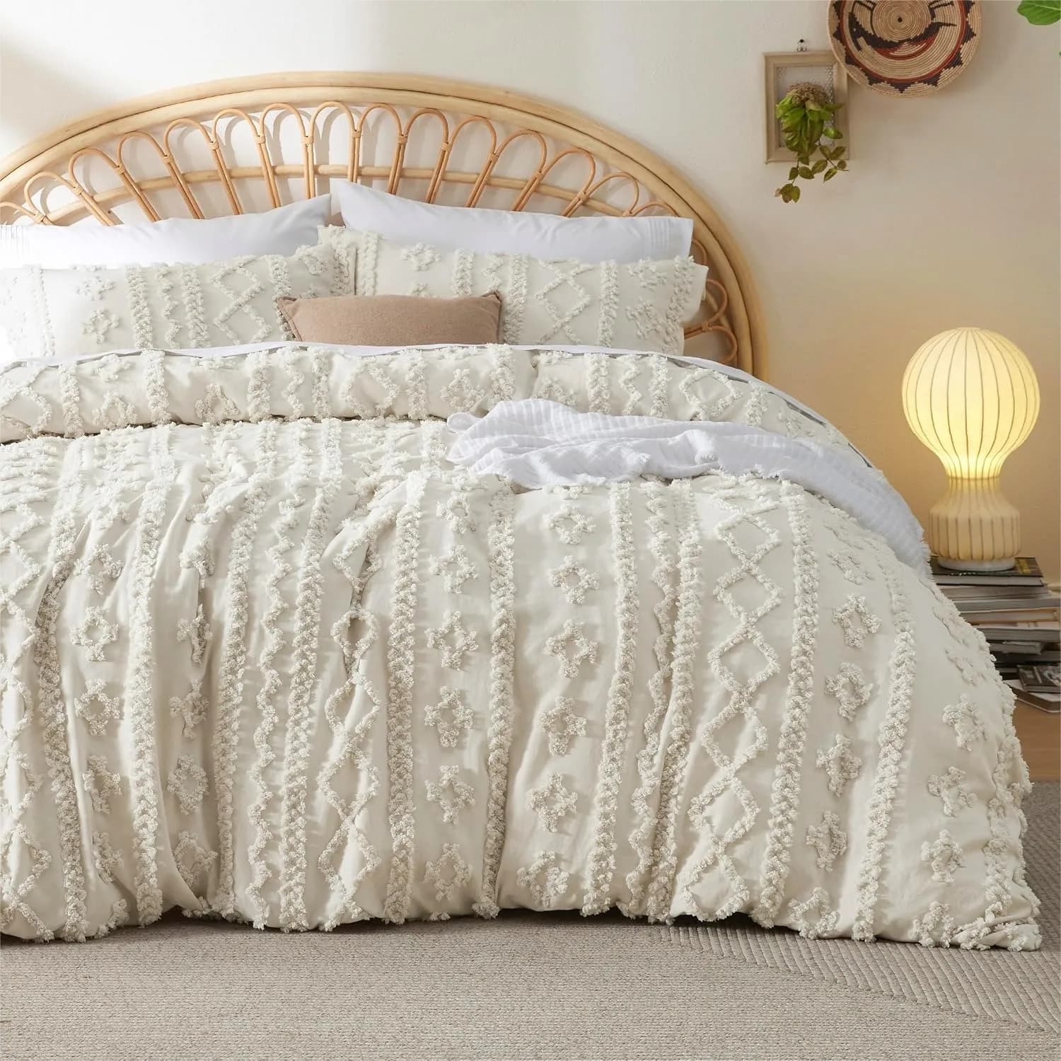 Boho Twin Duvet Cover Set with Geometric Embroidery, Soft Microfiber Comforter Cover, Machine Washable Bedding, Beige