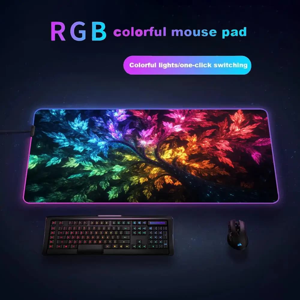 Tappetino per Mouse da Gaming XL RGB con Albero della Vita al Neon, Accessori per Gamer, Grande Mousepad LED HD con Retroilluminazione per PC e Computer