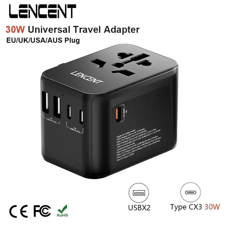 Adattatore da viaggio universale LENCENT da 30 W con 2 porte USB e 3 adattatori per caricabatterie da viaggio all-in-one di tipo C per viaggi USA EU UK AUS
