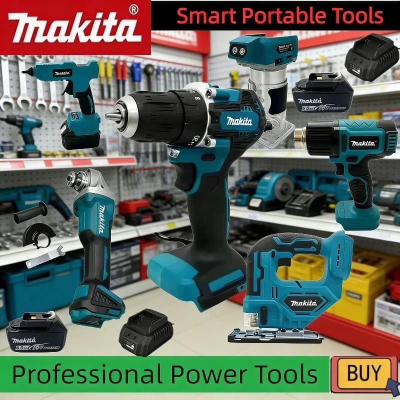 Kit Combo di Utensili Portatili Makita 18V ad Alte Prestazioni: Smerigliatrice Angolare, Motosega Elettrica, Gonfiatore d'Aria, Pistola per Colla a Caldo, Troncatrice