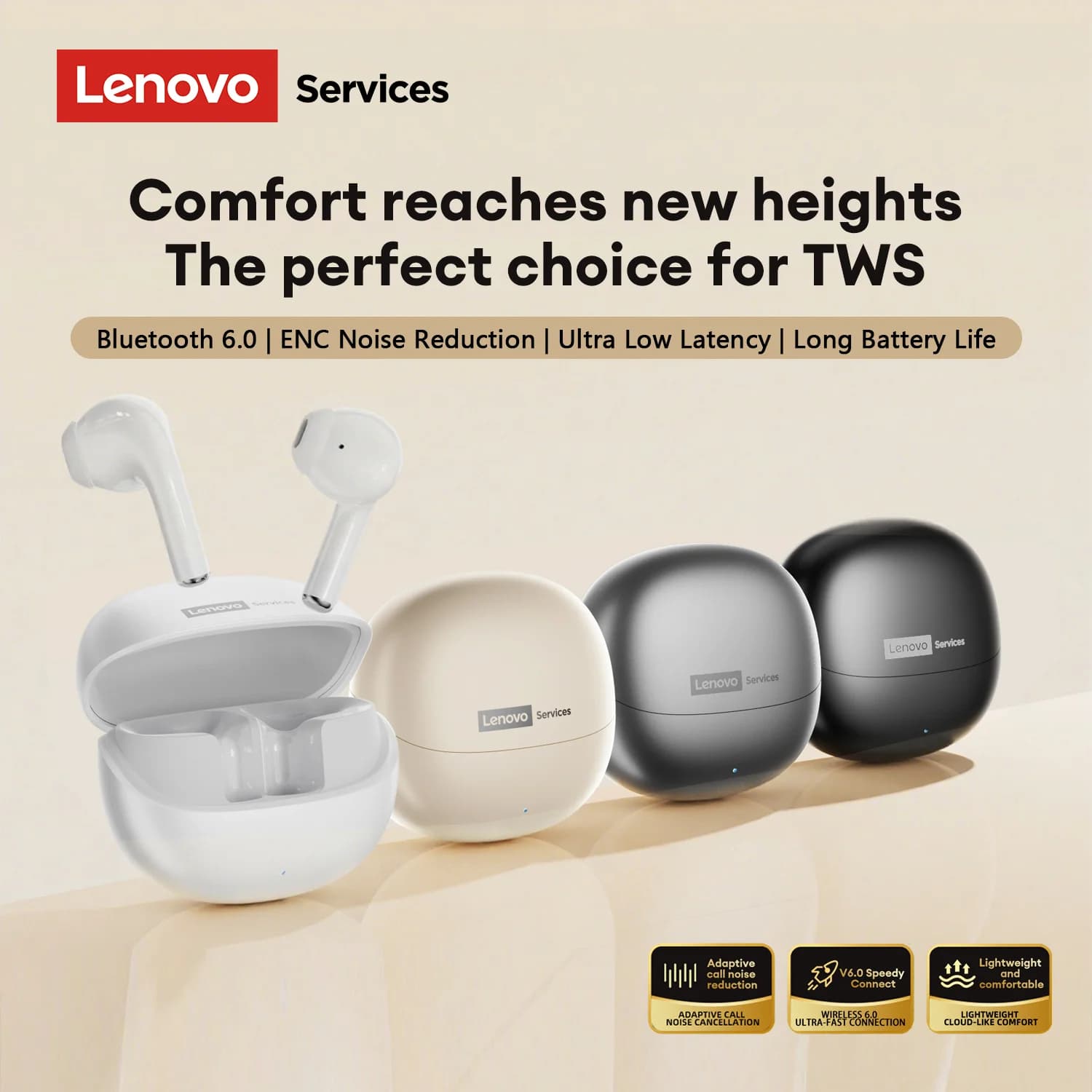 Original Lenovo LE210 Bluetooth 6.0 wireless earphones with low latency, waterproof IPX4 gaming headphones, earphones with HiFi audio