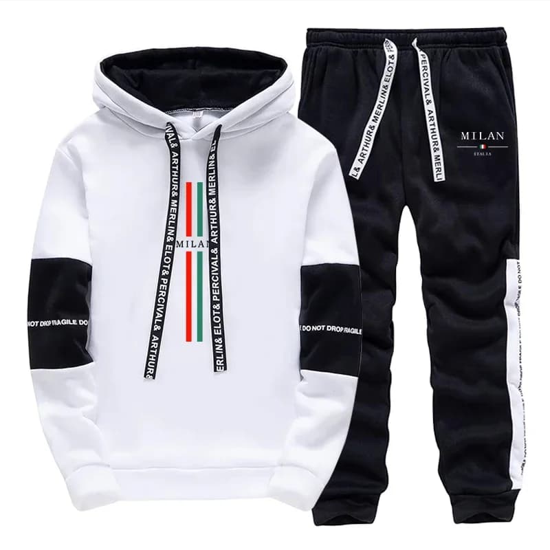 Tuta da Uomo 2026 Casual con Cappuccio, Abbigliamento Sportivo per Fitness e Jogging, Nero Bianco, Felpa e Pantaloni Singoli