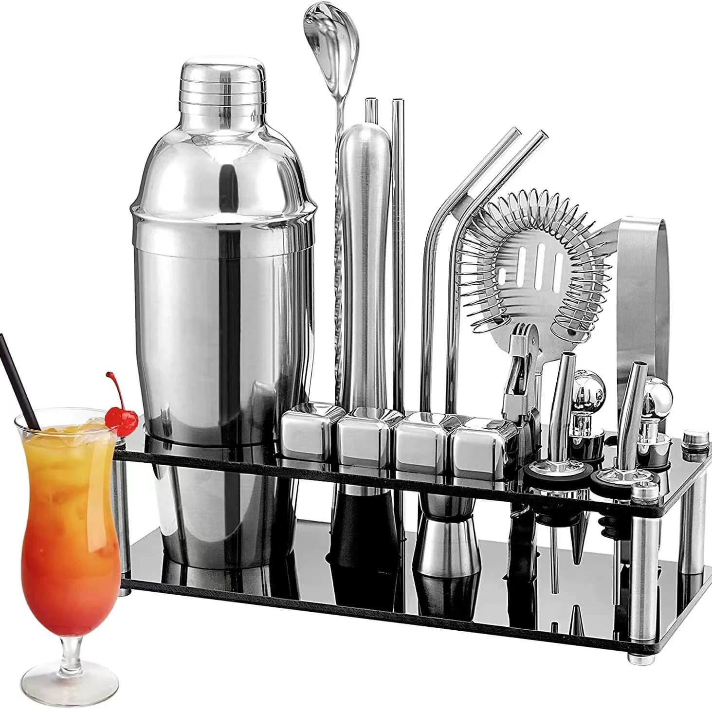 Stainless Steel Shaker Set with Acrylic Stand for Bar Tools and Cocktail Making