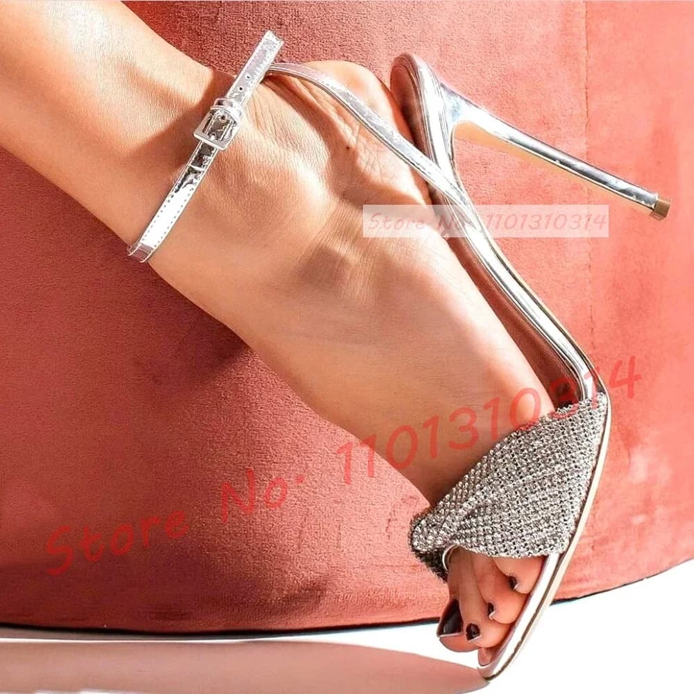 Sandali con strass argento specchiato donna cinturino alla caviglia di lusso scarpe Casual con tacco alto sandali da sera in pelle lucida estiva femminile