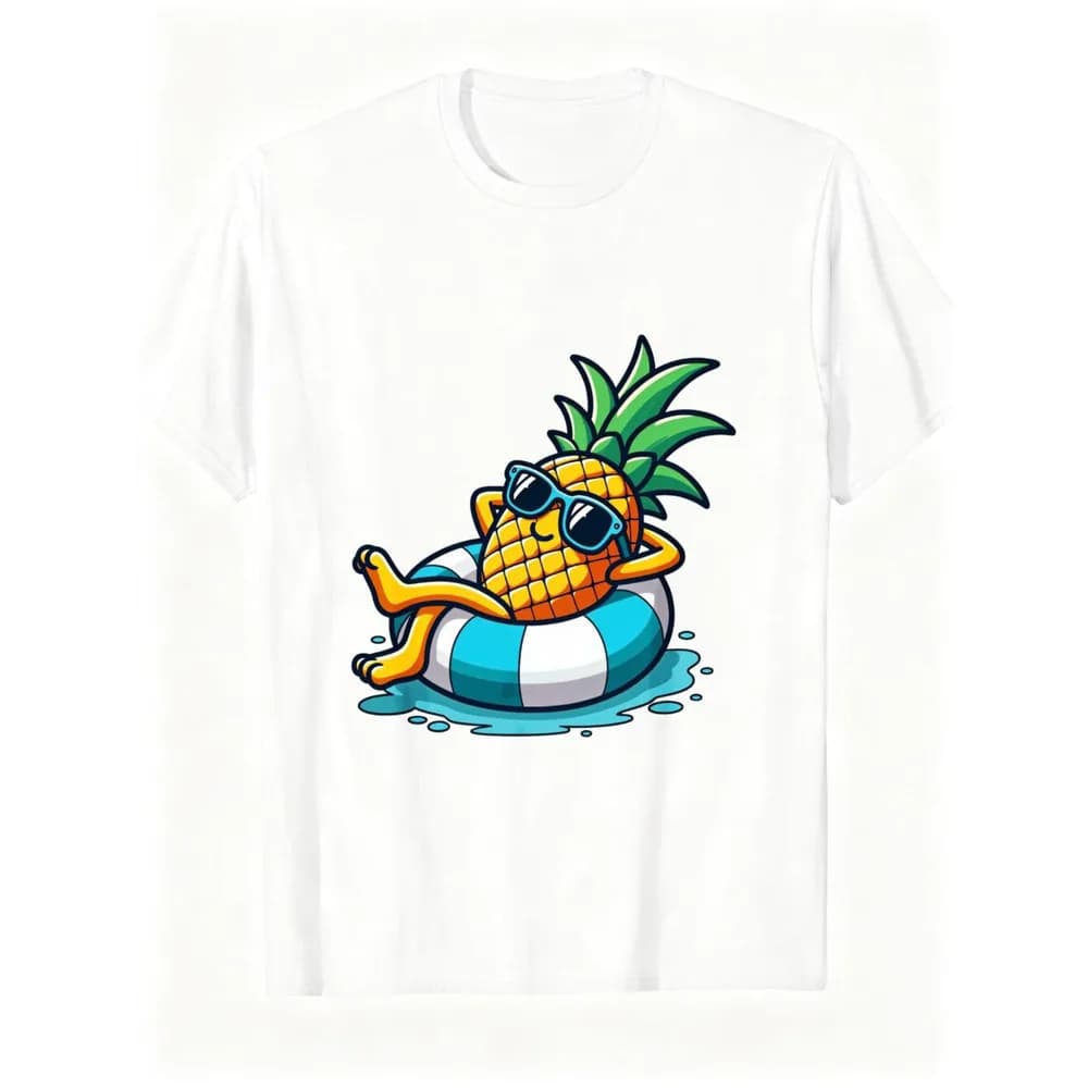 100% Cotton Chill Pineapple Tee - Tropical Summer Apparel with Float Ring Sunglasses Graphic Print - Perfect for Beach Days and Casual Outings