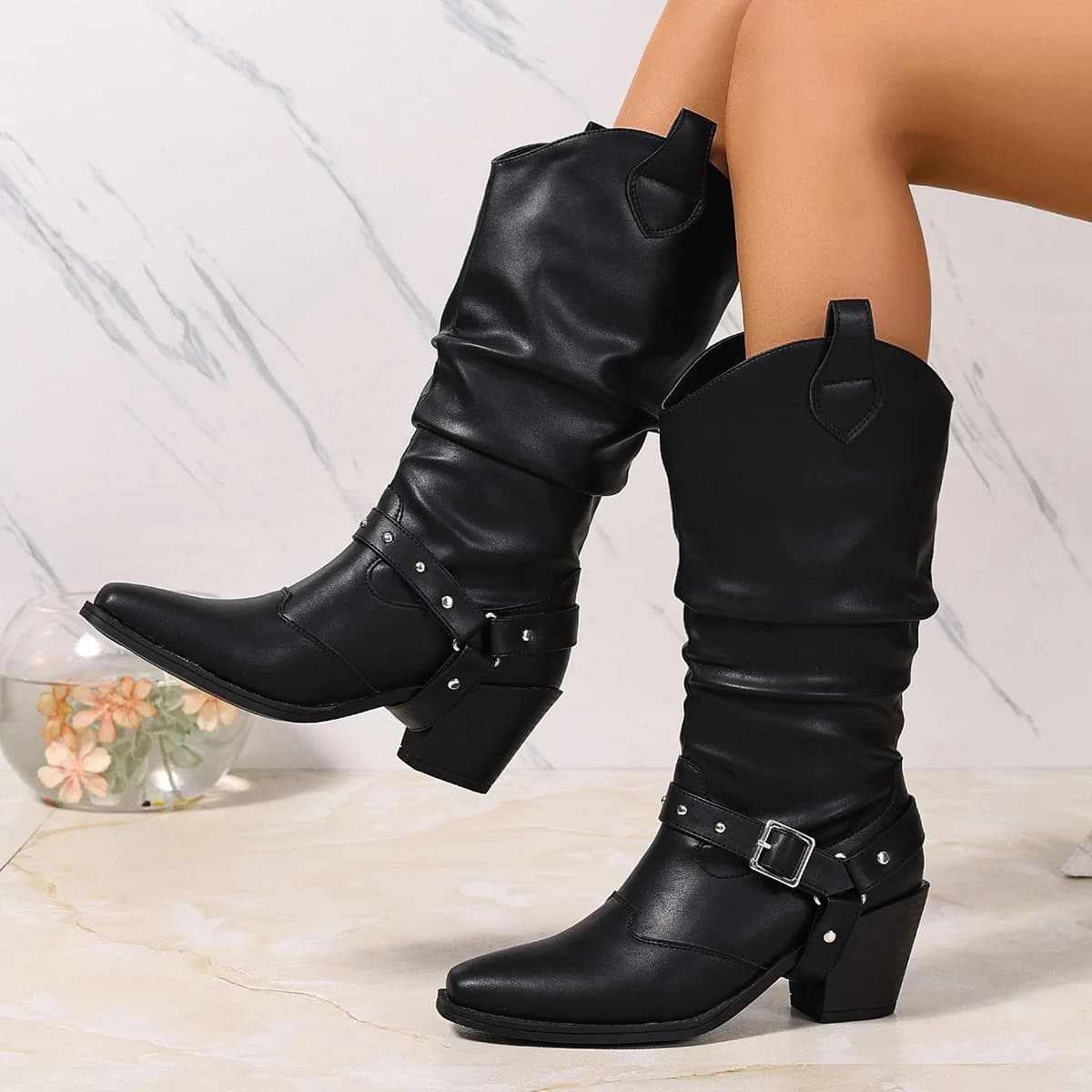 Western women boots with riveted belt buckle and square tip