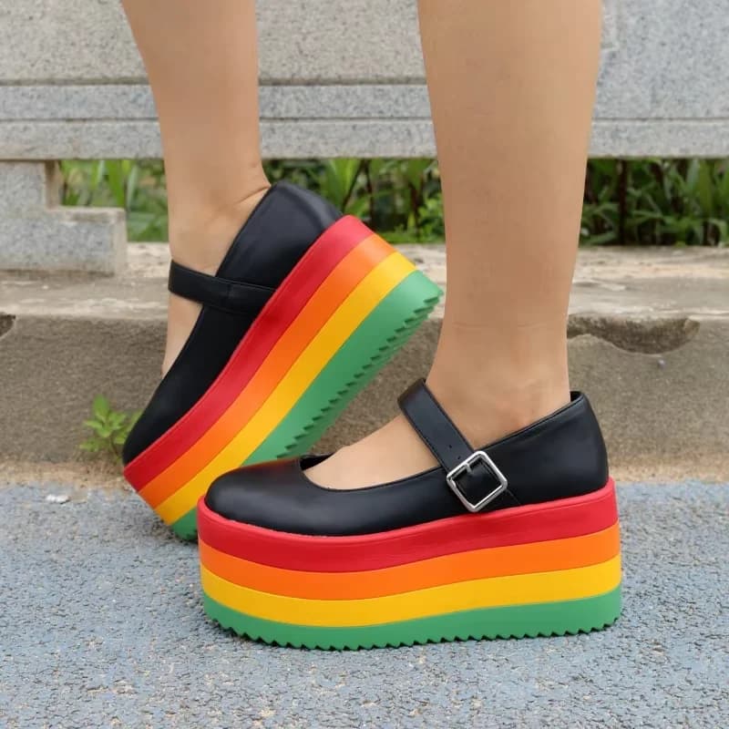Women's Rainbow Women's Décolleté Fashion Mixed Chunky Heel Platform Buckle for Belt Single Shoes All Matched Casual Mary Jane Women's
