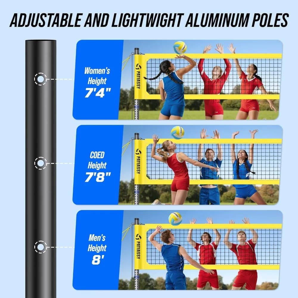 Set di reti da pallavolo professionali portatili per esterni con pali in alluminio ad altezza regolabile, sistema di verricello, pallavolo con pompa