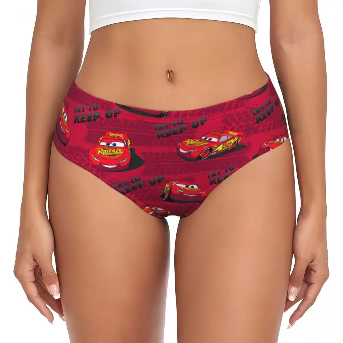 Personalized women's briefs with Lightning McQueen Cars print, women's stretched underwear