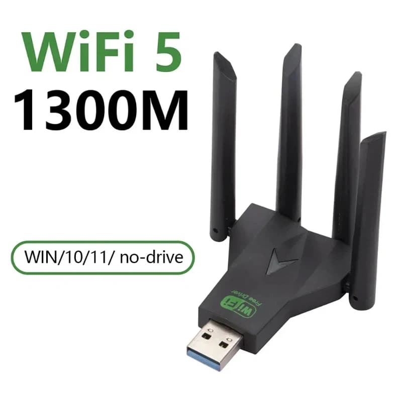 1300Mbps Dual Band USB WiFi Adapter 4 High Gain Antennas Dual Band Driver Free Plug And Play For Desktop Laptop Gaming
